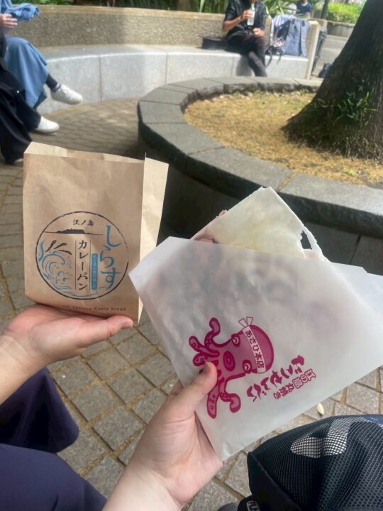 山頂にあるあさひ本店のたこせんべい(ハーフサイズ)とお隣の店で購入したしらすカレーパンです。